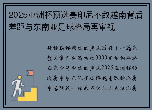 2025亚洲杯预选赛印尼不敌越南背后差距与东南亚足球格局再审视