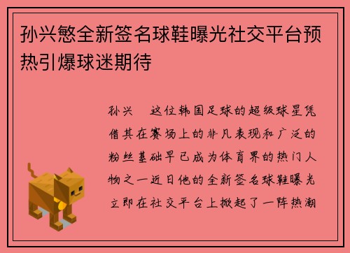 孙兴慜全新签名球鞋曝光社交平台预热引爆球迷期待