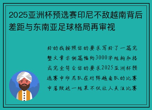 2025亚洲杯预选赛印尼不敌越南背后差距与东南亚足球格局再审视